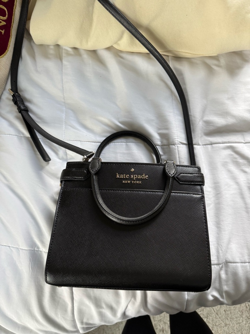 kate spade Black Leather Structured Satchel with Crossbody Strap